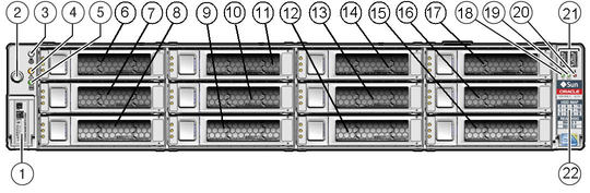image:Figure showing the Sun Fire X4270 M2 Server front panel with 12 storage drives.