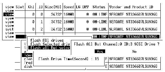 Screen capture showing the "Flash All But Selected Drive" command through the "view and edit Drives" and the "Identifying scsi drive" options.