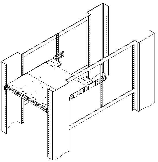 Figure showing cabinet rackmounted array using middle brackets with chassis ears and bezel removed.