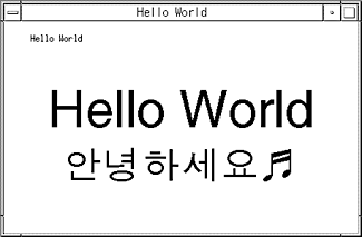 Window shows the text Hello World in English and in Korean characters.