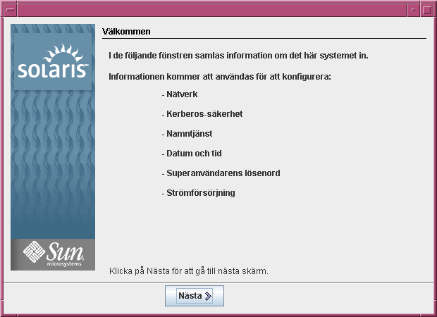 Den här skärmdumpen visar välkomstskärmen för GUI. Den här skärmbilden visar en lista över den information som installationsprogrammet behöver för att konfigurera systemet.