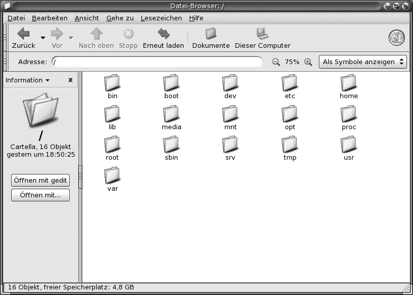 Ein Ordner in einem Dateimanager-Fenster Menüleiste, Symbolleiste, Verzeichnisleiste, Zoom-Schaltflächen, Seitenteilfenster, Ansichtsteilfenster. 