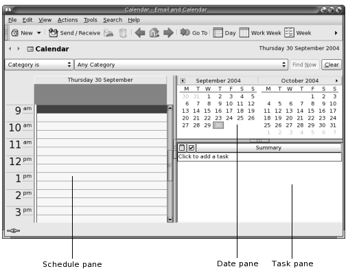 Typical Calendar window. Callouts: Schedule pane, Date pane, Task pane.