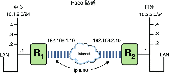 图中显示了一个连接着两个 LAN 的 VPN。每个 LAN 具有四个子网。