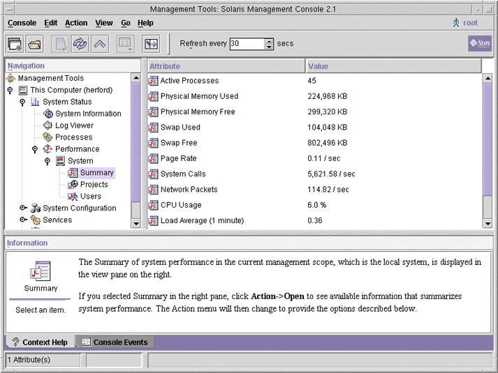 La captura de pantalla muestra la herramienta Performance bajo Management Tools en el panel de navegación y un resumen del panel de atributo y valor del rendimiento del sistema.