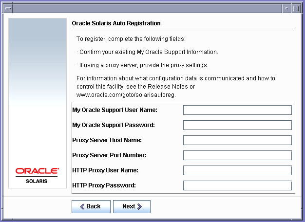 Essa tela permite que você insira as informações de credenciais e proxy para o registro automático.