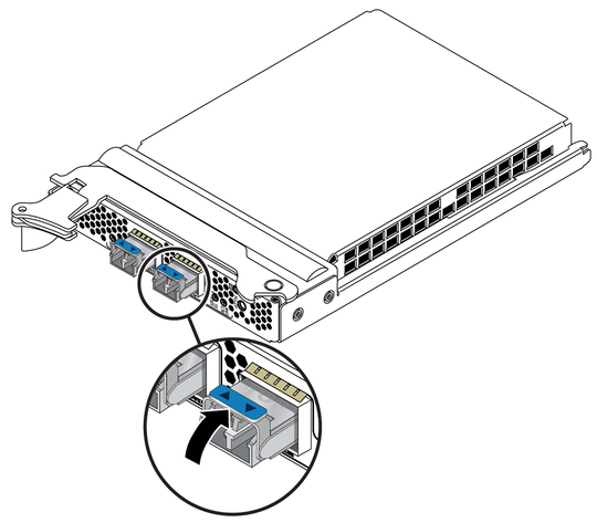 Illustration of closing the handle on the optical transceiver.