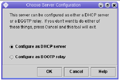 Screen capture of the Choose Server Configuration page of the Solaris DHCP Configuration wizard. 