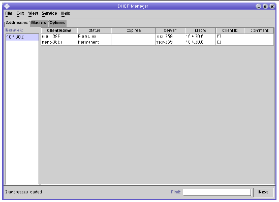 Screen capture of the DHCP manager window.