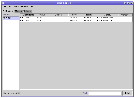 Screen capture of the DHCP Manager window showing the MAC address for the array's controllers.