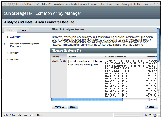 Step 2 of the Analyze and Install Array Firmware Baseline wizard compares the current firmware to the firmware baseline for this release.