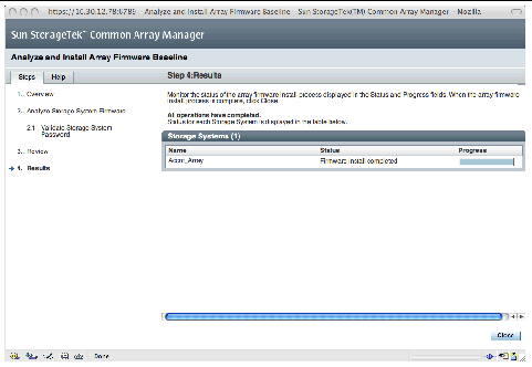 Step 4 of the Analyze and Install Array Firmware Baseline wizard shows that the firmware installation completed.