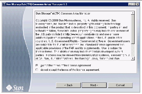 The screenshot shows the Common Array Manager License Agreement Screen. 