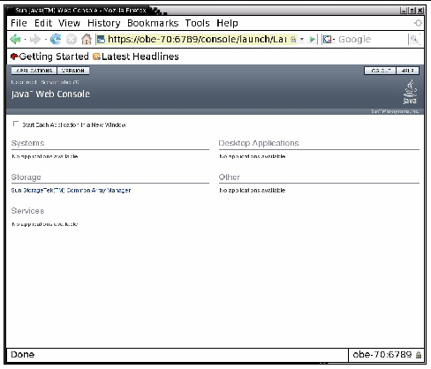 Screen capture of the Java Web Console page. 