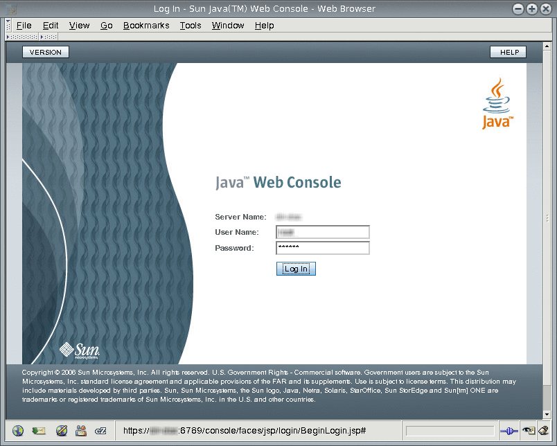 Java Web コンソールのログインページ