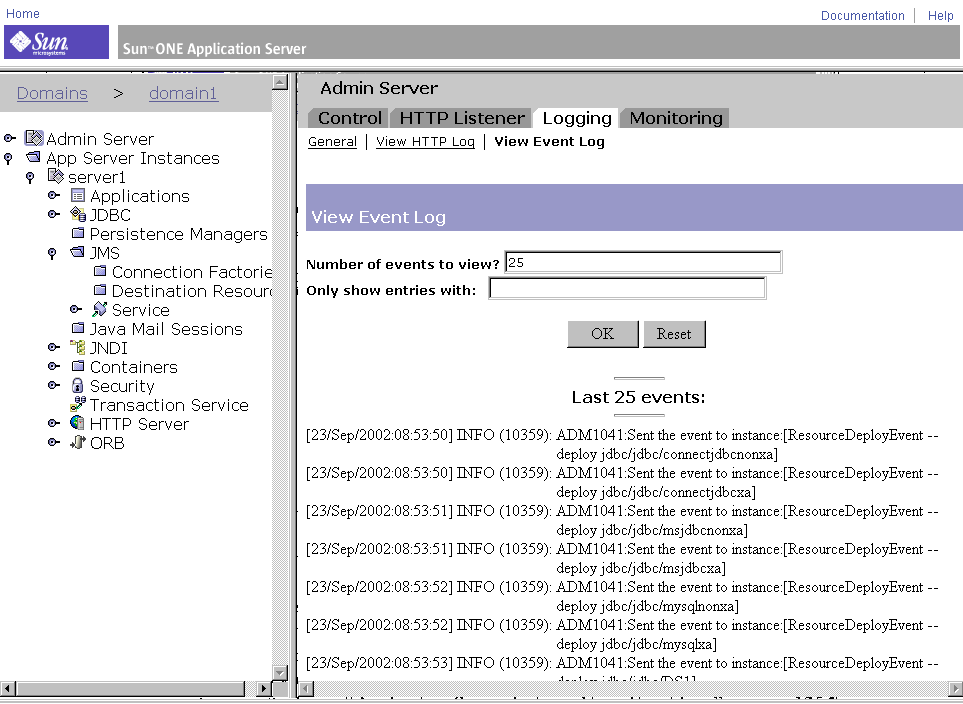 Figure shows the Admin Server View Event log.