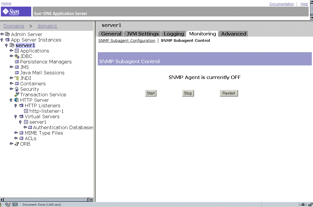 Figure shows control settings for the SNMP Subagent.