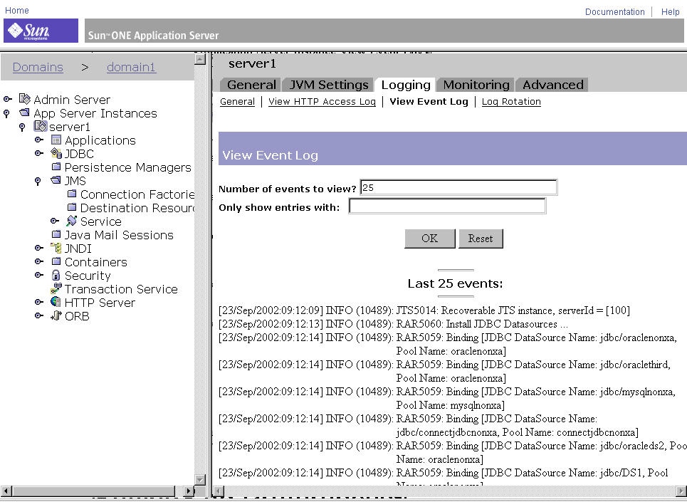 Figure shows the View Event Log for the Application Server instance.