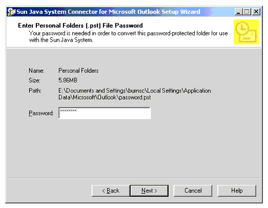 Setup Wizard: Enter Personal Folders (.pst) File Password