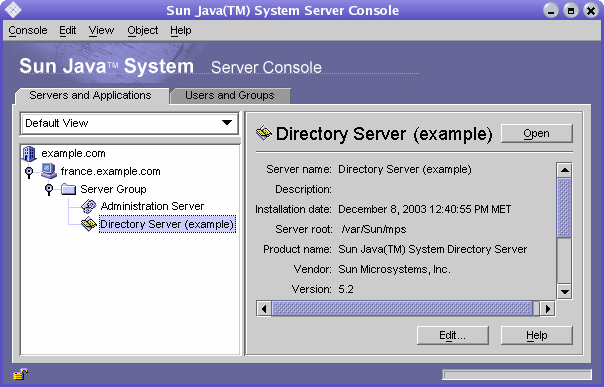 The Servers and Application tab of the Sun ONE Server Console, showing information in the Directory Server node