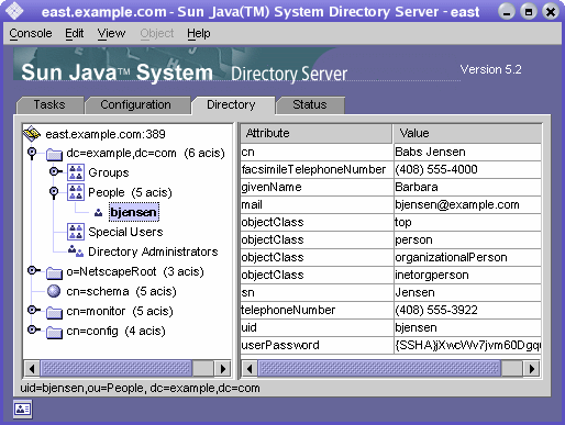 Top-level Directory tab of the Directory Server console showing the directory tree in the left-hand panel and attribute values in the right-hand panel