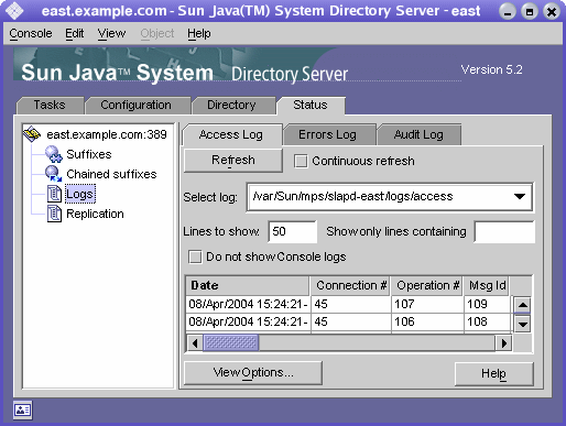 Top-level Status tab of the Directory Server console showing as an example the contents of a log file