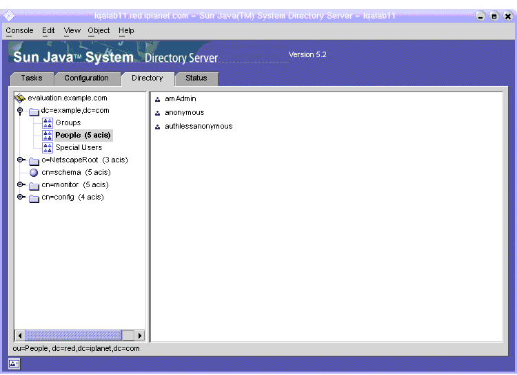 Screen capture; Directory Server window. People container is selected and the three users described in text are displayed.