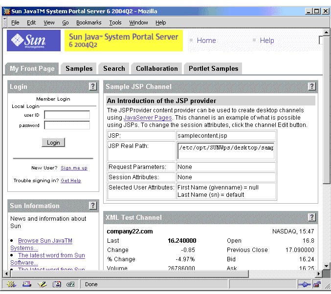 Screen capture; shows sample desktop's Login and Sample JSP channels.