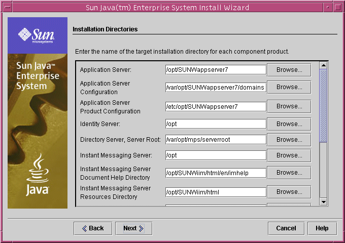 Example screen capture of the installer's Installation Directories page.