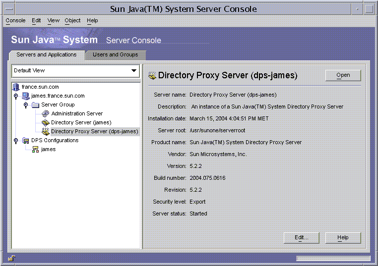 Sun ONE Console showing all servers and applications available inculding Directory Proxy Server.