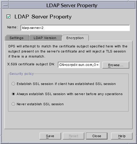 Directory Proxy Server LDAP Server Property window.