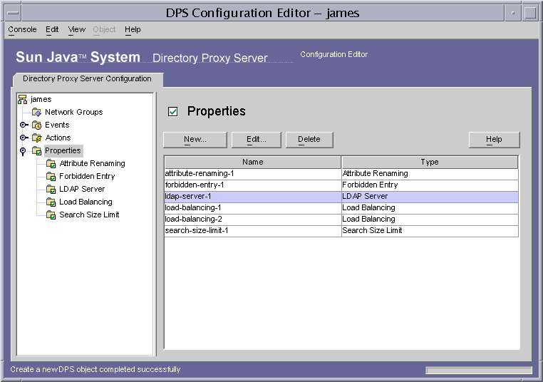 Directory Proxy Server  Configuration Editor  Properties window showing existing property objects.