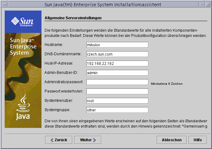 Beispiel-Bildschirmabbildung der Seite „Allgemeine Servereinstellungen“ des Installationsprogramms.