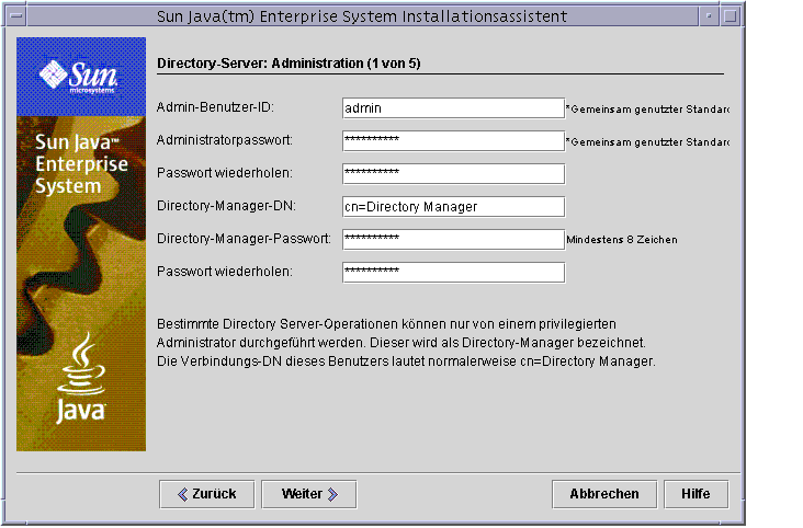 Beispiel-Bildschirmabbildung des Directory Server des Installationsprogramms: Administrationsseite (1 von 5).