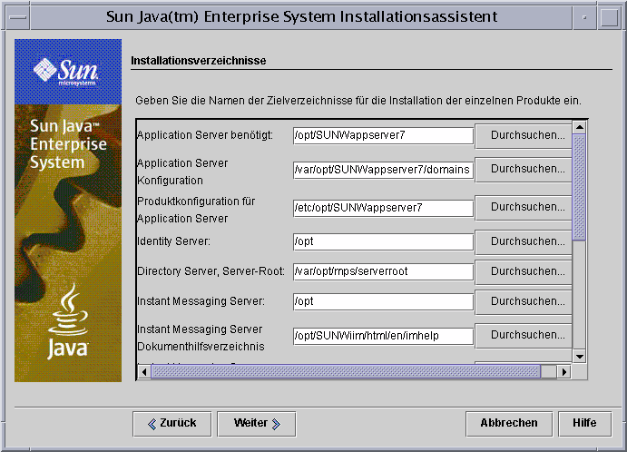 Beispiel-Bildschirmabbildung der Seite „Installationsverzeichnisse“ des Installationsprogramms.