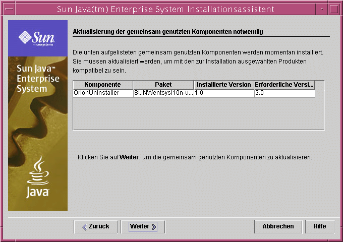 Beispiel-Bildschirmabbildung der Seite „Aktualisierungen gemeinsam genutzter Komponenten erforderlich“. Hier werden die installierten Versionen mit den erforderlichen Versionen verglichen.