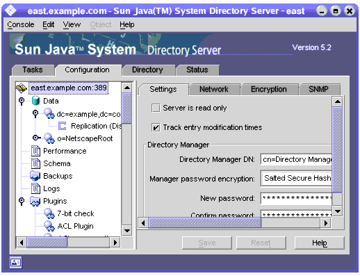 Directory Server console �̤W�h�� [�պA] ������ܧ@����A���պA�`�I [�]�w] ���Ҫ��d�ҡC