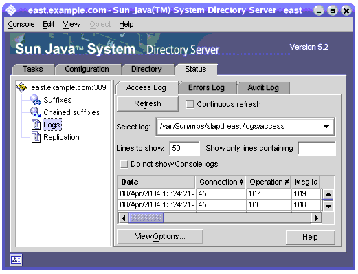 Directory Server console �̤W�h�� [���A] ������ܰO���ɤ��e���d��