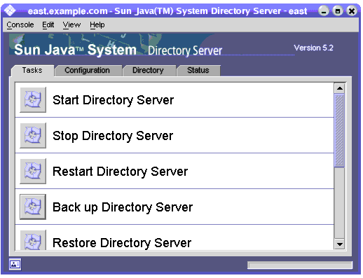 Directory Server console �̤W�h�� [�u�@] ���ҧt���ҰʡB���s�ҰʩM����ؿ��A���M��L�\�઺��s