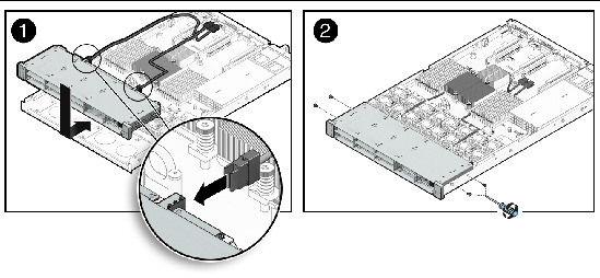 Figure showing how to install the storage drive cage on Sun Fire X4170 Server.