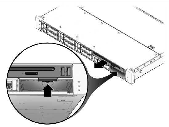 Figure showing how to remove a DVD drive (Sun Fire X4170 and X4270).