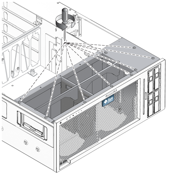 image:An illustration that shows how to remove the nine screws that secure the fan tray carriage.