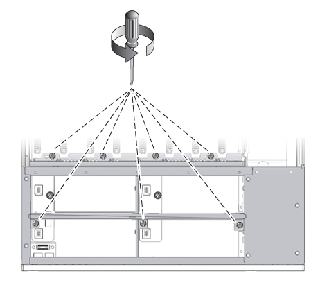 image:An illustration showing the fan tray carriage and the seven captive screws.