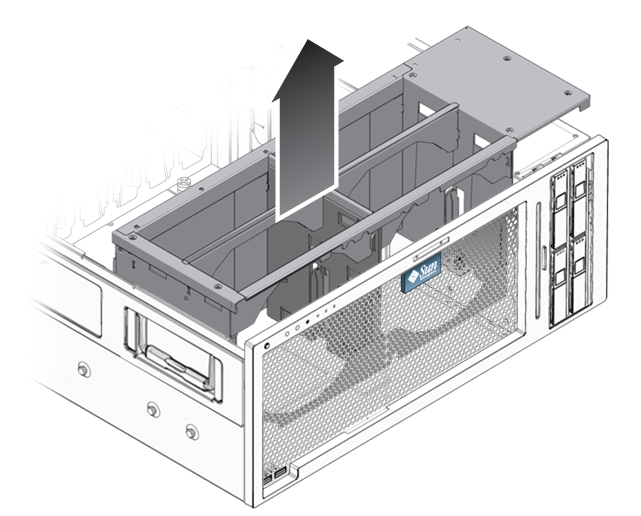 image:An illustration showing the fan tray carriage removal from the server chassis.