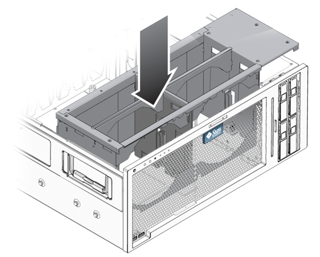 image:An illustration showing the lowering of the fan tray carriage into the server.