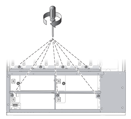 image:An illustration showing the tightening of the seven captive screws that secure the fan tray carriage.