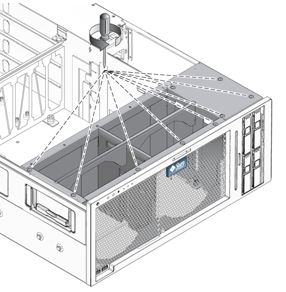 image:An illustration showing the tightening of the nine screws that secure the fan tray carriage to the server.