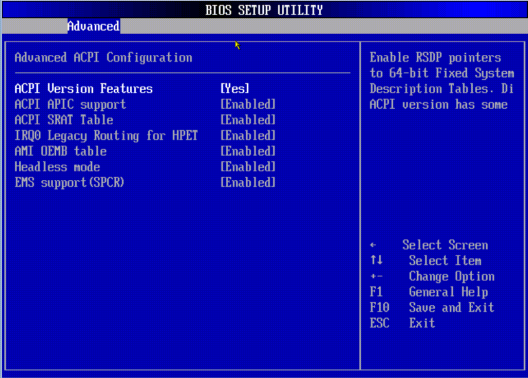 image:A screen capture showing the Advanced/ACPI Configuration BIOS screen.