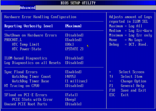 image:A screen capture showing the Advanced/Hardware Error Handling Configuration BIOS screen.