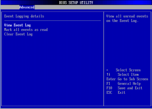 image:A screen capture of the Advanced/Event Logging BIOS screen.